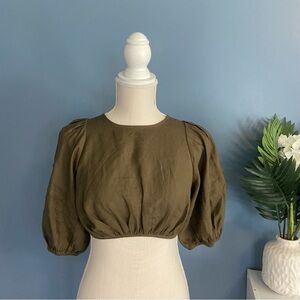 Shona Joy Juliana Linen Short Sleeve Tie Back Crop Top